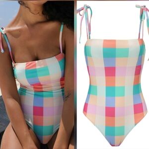 Paper London Stingray Pastel Color Plaid Tie One Piece Bathing Suit